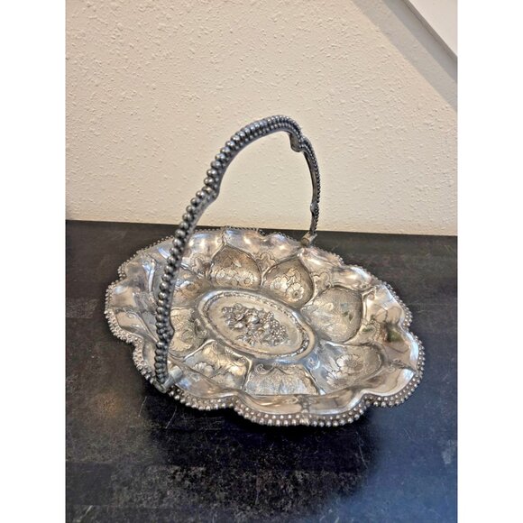 Antique Silver Plated Floral Repousse Basket Dish with Handle Pedestal Base 12